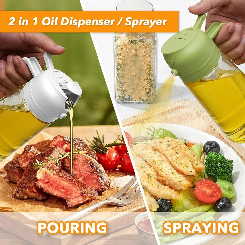 Control Your Oil Usage Perfectly – With Zero Mess The 2-in-1 Oil Spray & Pour Bottle gives you complete control. Spray for light misting or pour for precise amounts—no waste, no spillage.